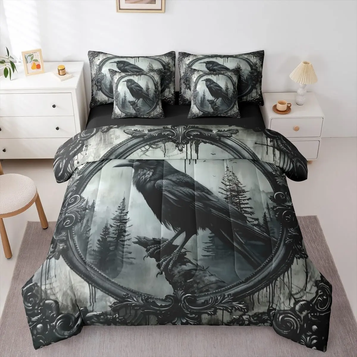 Halloween Crow Bed in A Bag Black Raven Bird Animal 7 Piece Bedding Set Gothic Retro Halloween Comforter Set with Sheets Woodland Wildlife Crow Bed Set Adults