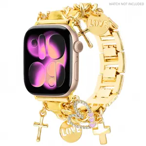 Fashion metal strap suitable for Samsung Galaxy Watch 8 compatible Cuban chain metal pendant strap 8 40mm/44mm Watch8 Classic 46mm heart-shaped pendant strap, with cute pendant, love cross strap, denim chain style bracelet 2 packs Smart Watch Strap