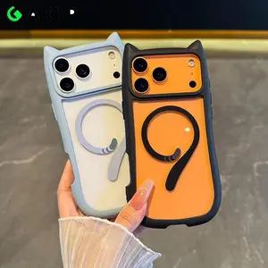 WWH for iphone17 Ins Cute Cat Ear Tail Magsafe Phone Case For iPhone 17 16 13 12 Pro Max 14 15 Plus 11 17 Air Hard Transparent Cover