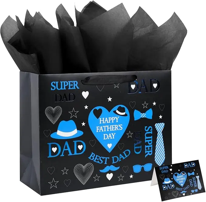 Father’s Day Gift Bag Set with Wrapping Tissue Paper – 12.6” Premium Happy Father’s Day Gift Bag for Dad, Best Dad Gift Bag for Men, Birthday & Father’s Day Present Bag