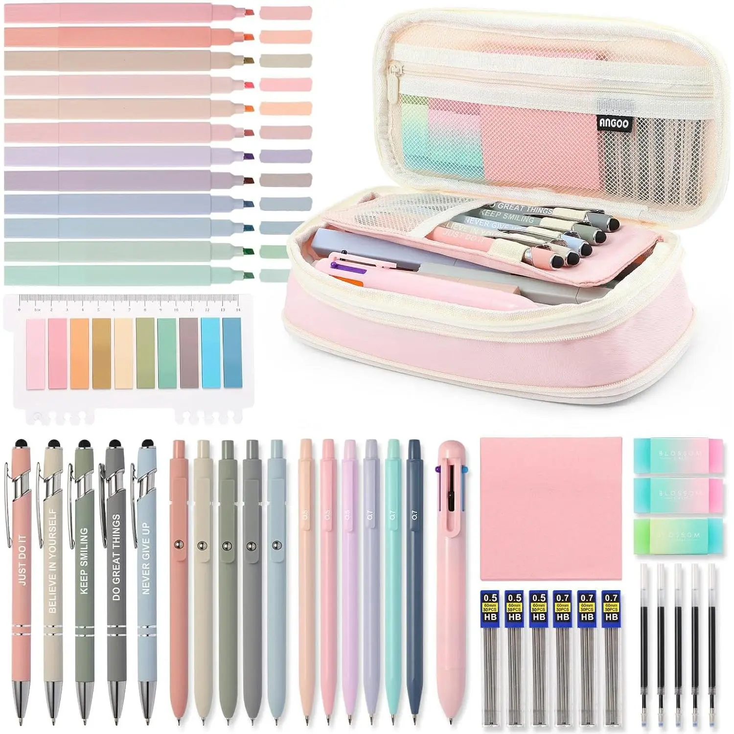 56 count Aesthetic School Supplies with Large Pencil Case, 5 Inspirational Ballpoint Pens, 12 Pastel Highlighters, 5 Black Ink Gel Pens, 6 Mechanical Pencils 0.5-0.7mm Student Essentials (Pink)