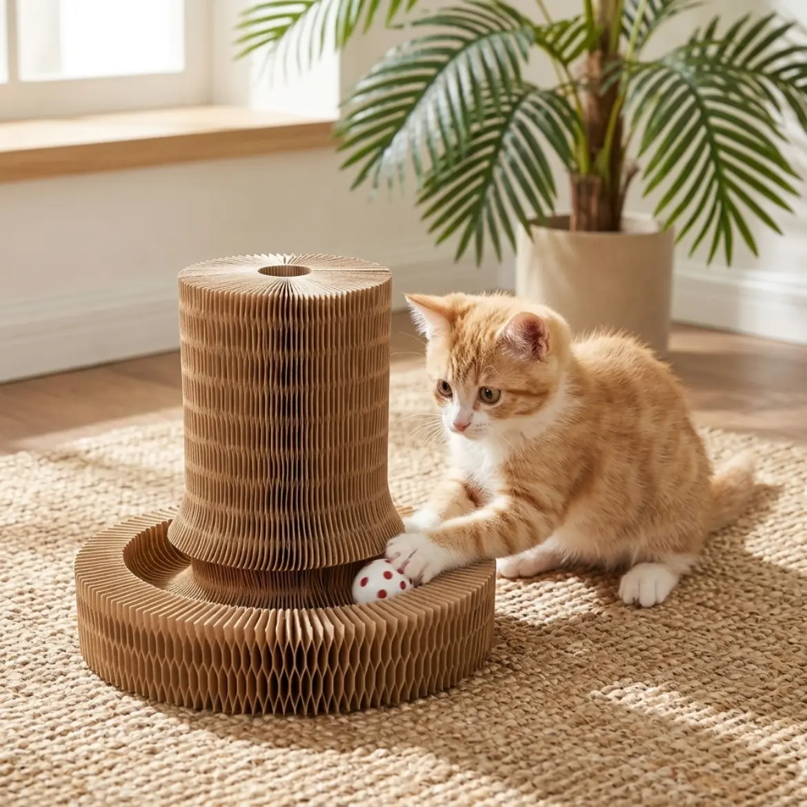 Accordion Corrugated Paper Cat Scratcher - Foldable, Compact, Tear-Resistant, Low-Debris, Multi-Shape Transformable, Stable Anti-Tip, 3-in-1 Pet Cat Bed with Interactive Ball Toy for Claw Grinding & Resting
