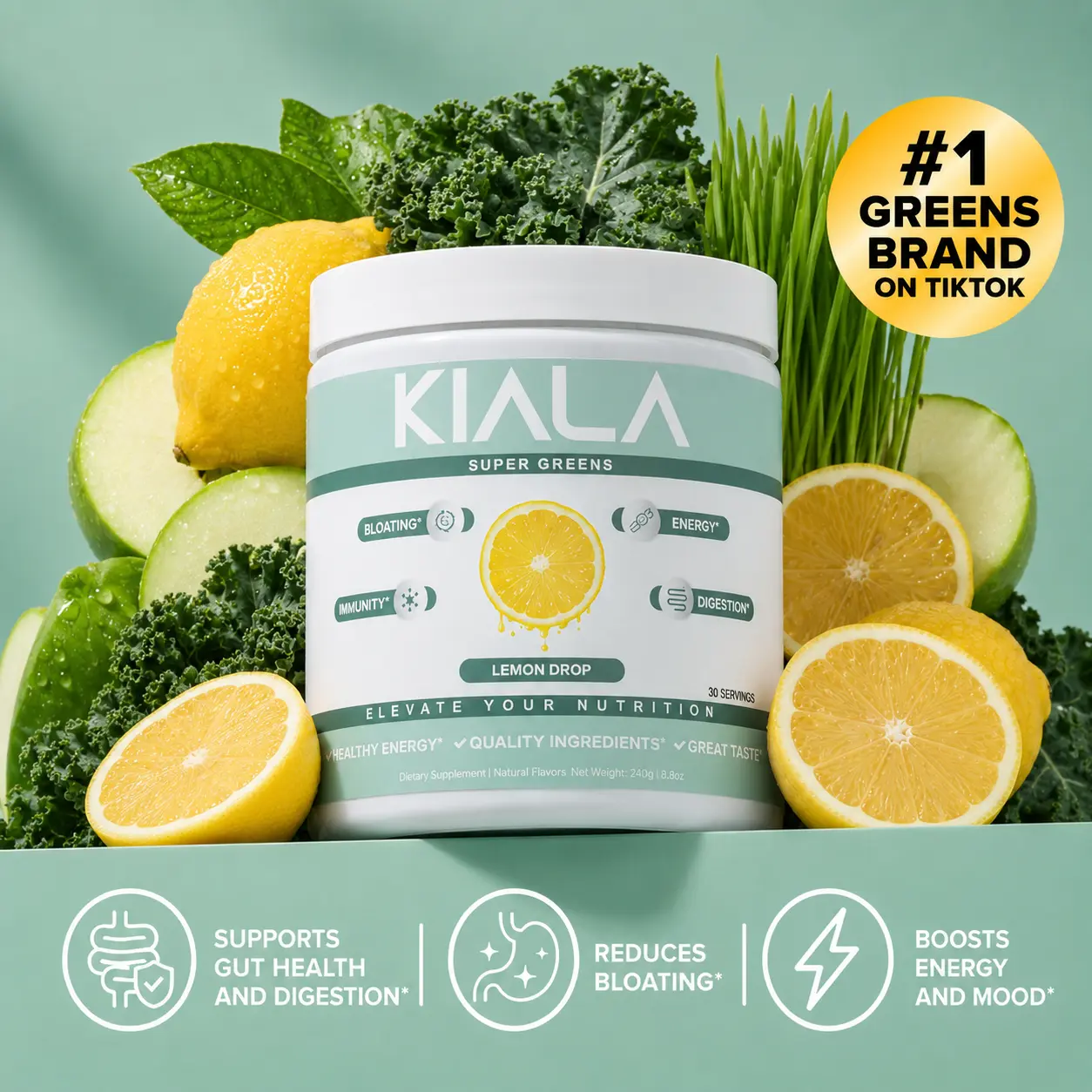 Kiala Nutrition Lemon Drop Organic Super Greens Powder Dietary Supplement Kiala Nutrition Lemon Drop Organic Super Greens Powder Dietary Supplement