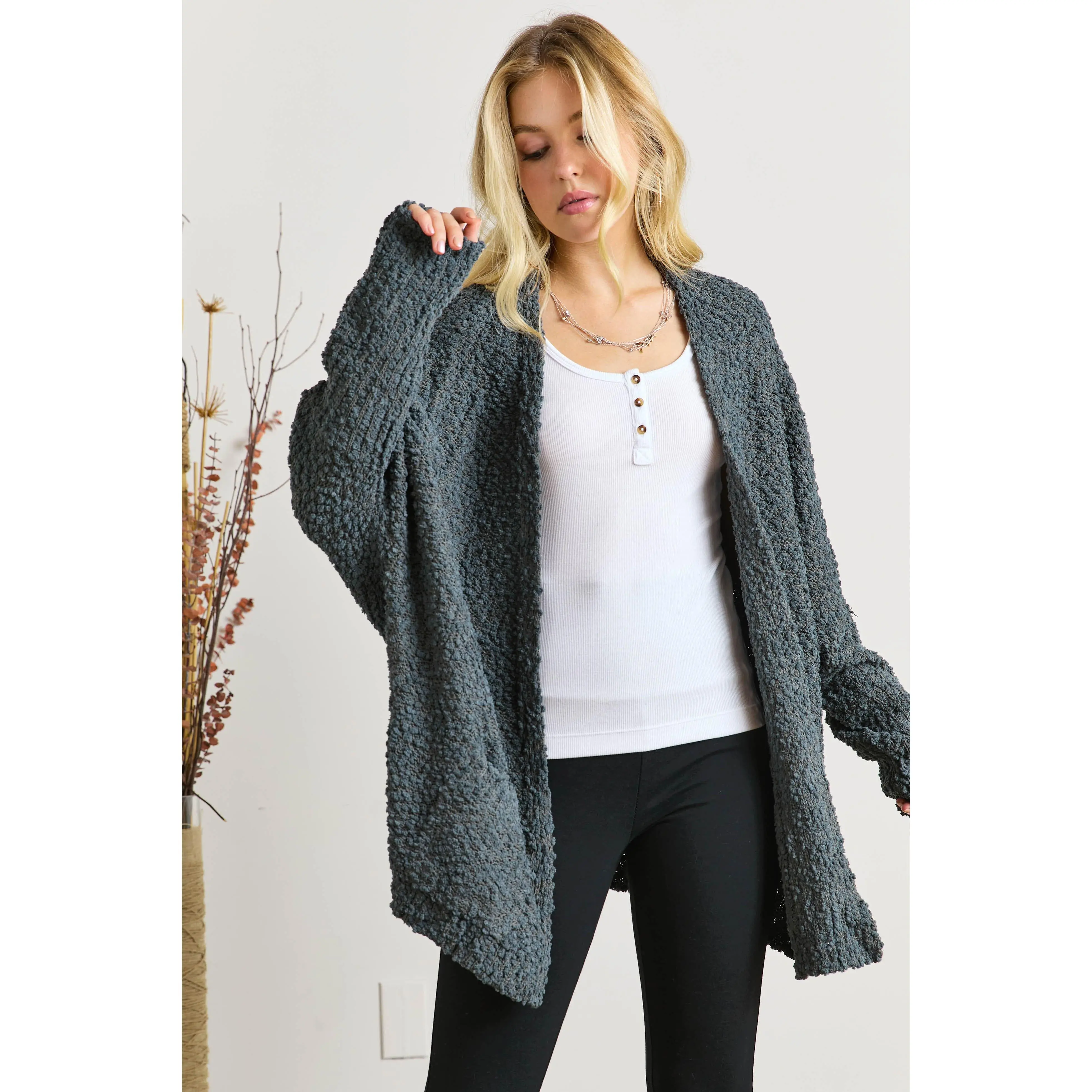 ADORA Popcorn Knit Open Front Long Sleeve Cardigan
