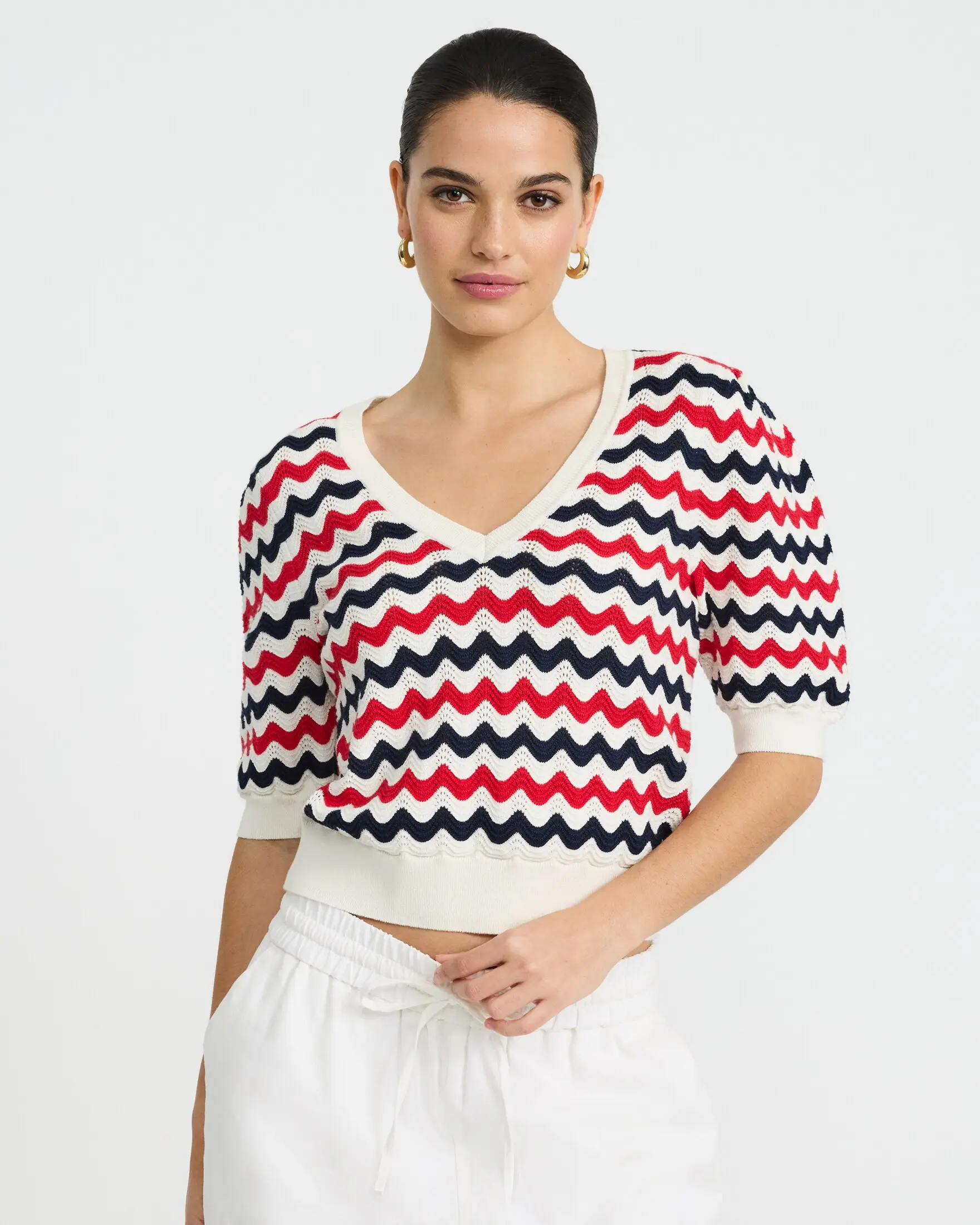 Express Chevron V-Neck Short Puff Sleeve Sweater