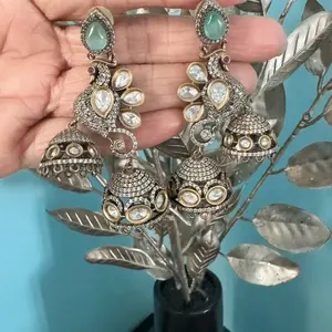 Zirconia and AD Stone Peacock Design Victorian Style Earrings with Elegant Jhumka Design and Unique Stone Accents