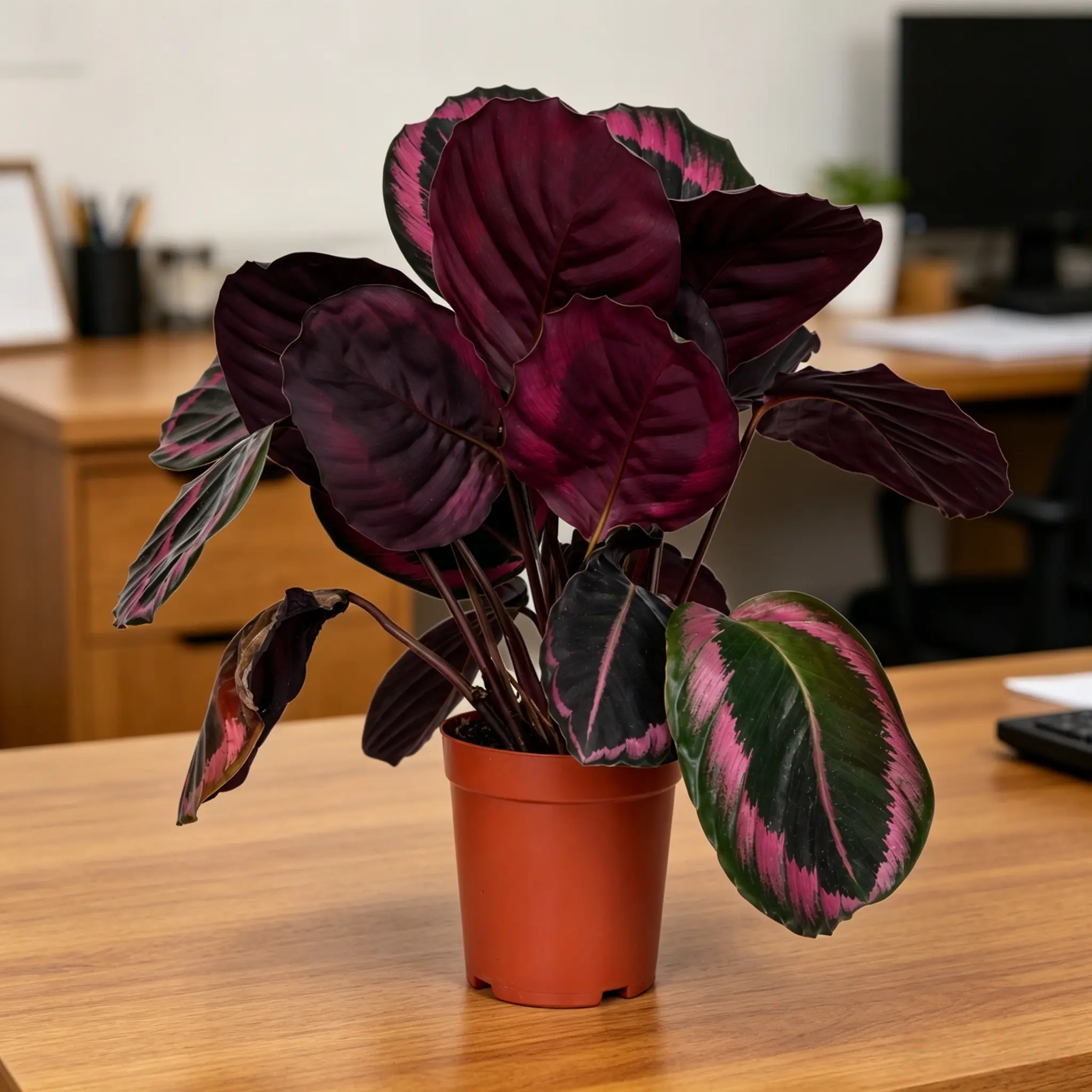 LZ06  Calathea Dottie Live Indoor Plant in 4 Inch Nursery Pot, Prayer Plant with Deep Green Leaves and Pink Magenta Pinstripe Patterns for Home Office Desk Shelf and Bright Spaces