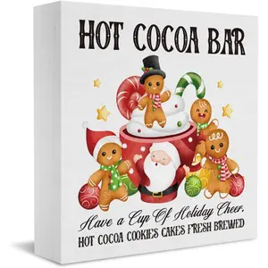 Ginger Bread Christmas Decor Hot Cocoa Bar Wood Sign Xmas Gifts for Women Men Vintage Christmas Decorations Indoor for Home Hot Chocolate Coffee Bar Office Kitchen Table Shelf Wooden Box 5×5 Inches