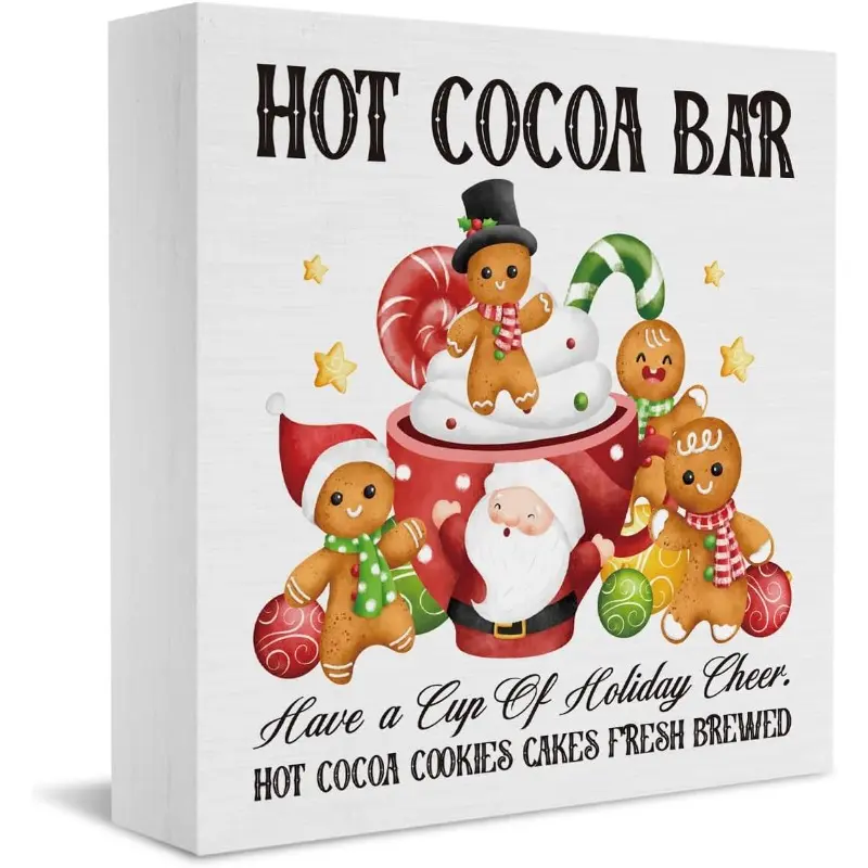 Ginger Bread Christmas Decor Hot Cocoa Bar Wood Sign Xmas Gifts for Women Men Vintage Christmas Decorations Indoor for Home Hot Chocolate Coffee Bar Office Kitchen Table Shelf Wooden Box 5×5 Inches