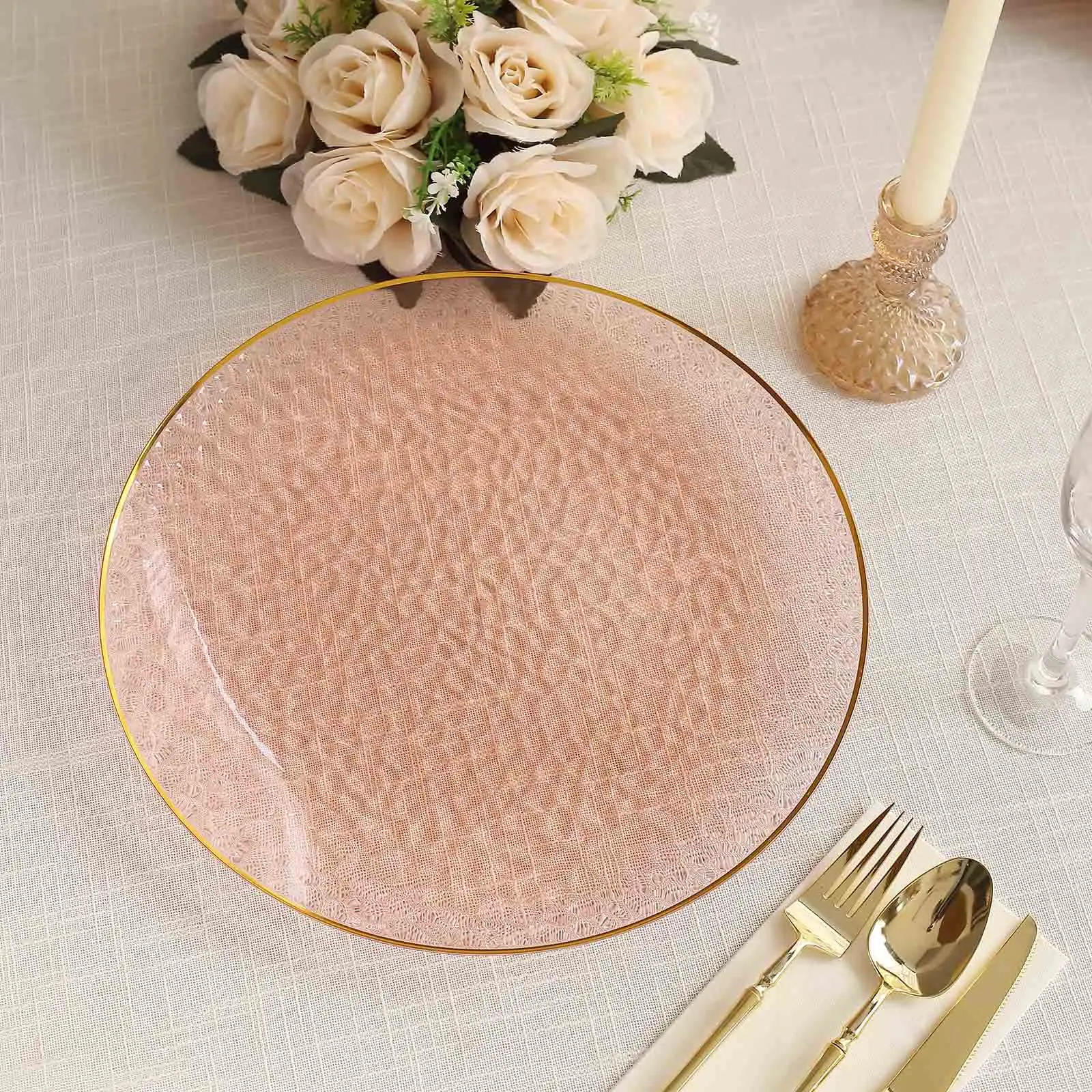 10-Pack Economy Blush Pink Plastic Round Charger Plates, 13in Transparent Hammered Design with Gold Rim, Decorative Tableware for Dinner Parties, Banquets, 13 Inches