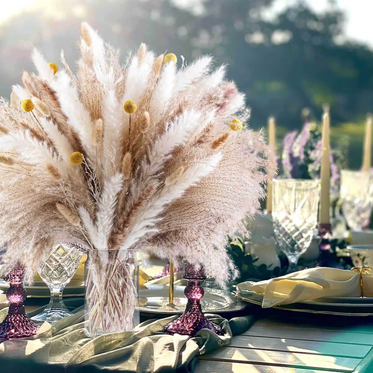 100PCS Elegant Natural Dried Pampas Grass Decor Set - 17.5" Fluffy Bouquet, Boho Home Decor for Wedding, Room Table Arrangements, 100 Pieces