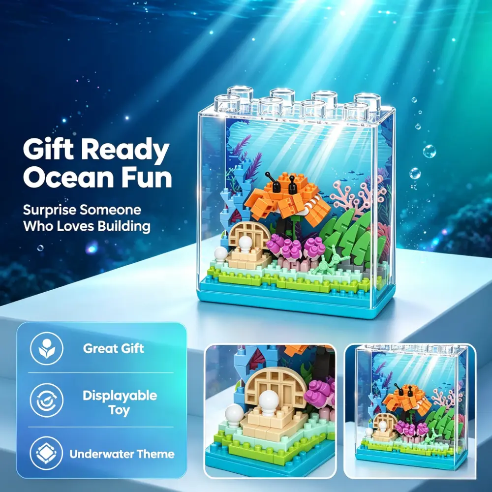 Ocean-Themed Micro Block Aquarium – Kitchen Countertop Decor & Parent-Child Puzzle Toy, Transparent Acrylic Shell Fits Dining Table or Stove Area, Space-Saving & Easy to Store