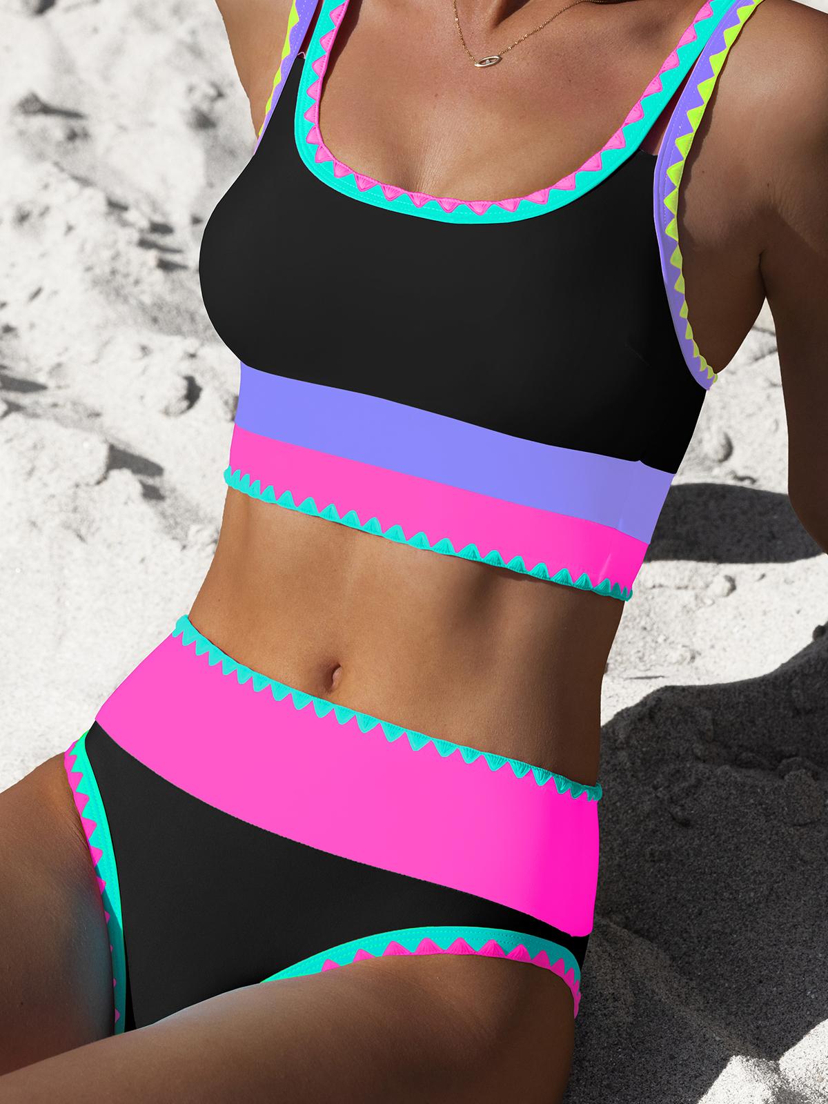 【Run half a size small】Popvil Beachball Kayaking 3 Piece Bikini Sets,Tummy Control & High Waisted Swimsuit with Adjustable Wide Shoulder Straps, Neon Color Sporty Swimsuit