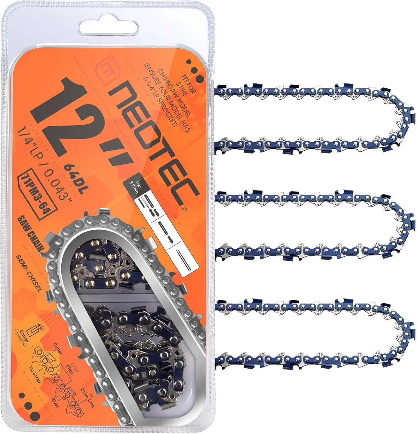 3PCS NEOTEC 12 Inch Chainsaw Chain, 3/8"LP Pitch,0.043" Gauge 45 Drive Links R45 Chain Fits for Dewalt Craftsman Makita and more[Pack of 3 Chains]