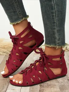 Cutout Lace-Up Gladiator Sandals for Women, Summer Open Toe Flat Sandals, Vintage Boho Versatile Beach Shoes
