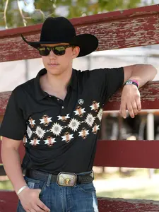 Men's Black Aztec Stripe Polo Performance Polo LOGO PRINT, Summer Golf Polo Shirt Menswear Top Outdoor Polyester Shirt