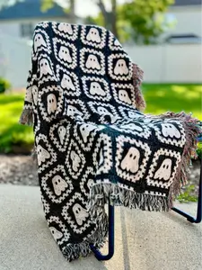 GHOST Granny Square Woven Throw Blanket - Halloween Decor, Cozy Blanket for Fall and Autumn, Spooky Design for College Students and Teens