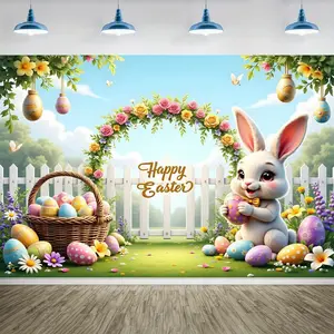 1PC,2D Flat Easter Theme Backdrop, Cute Rabbit & Colorful Eggs Decor Photography Background, Festival Party Event Decoration Backdrop, Children's Birthday Photo Backdrop, Outdoor Lawn Fence Flower
