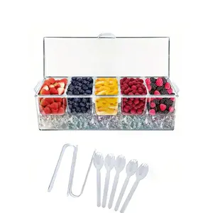 1pc Bar Serving Tray On Ice With 5 Compartments Container, Fruit Trays For Serving, Garnish Platters With Lid, Clear Kitchen Utensils