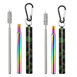 2-Pack Stainless Steel Straws, Reusable Extendable Straw Set, Retractable Straw, Includes Aluminum Case and Cleaning Brush, Portable for Travel and Cruises