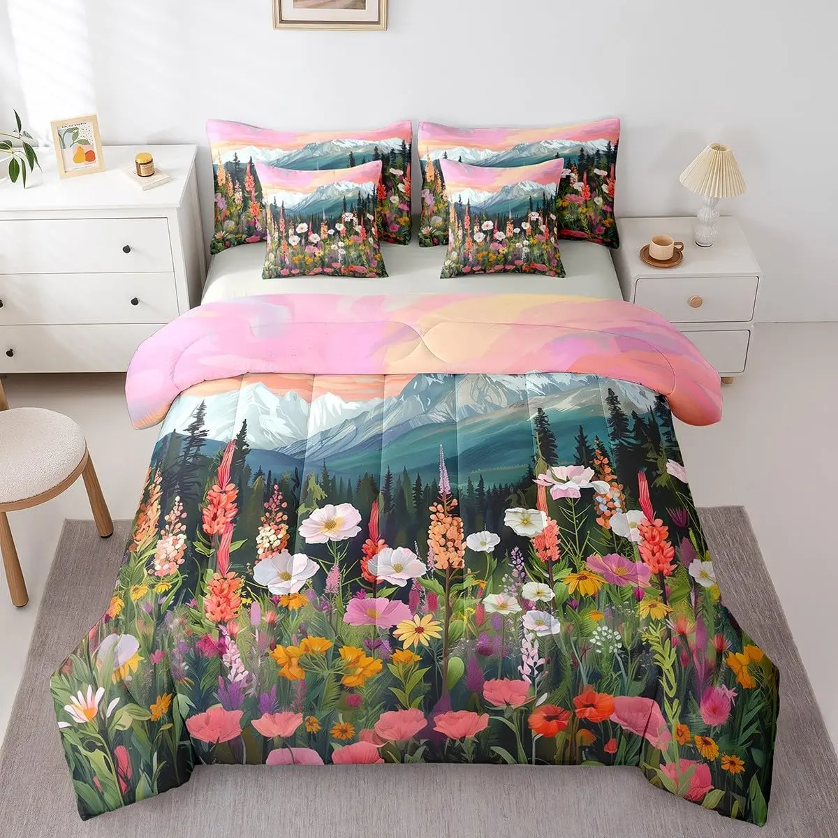 Feelyou 7-Piece Floral Bedding Set - Breathable High Tensile Strength King Cottage Core Comforter Set with Fitted Sheet, Flat Sheet, Pillowcases & Shams, Mountain Scene Forest Theme, Machine Washable for Adults, Multi-Size