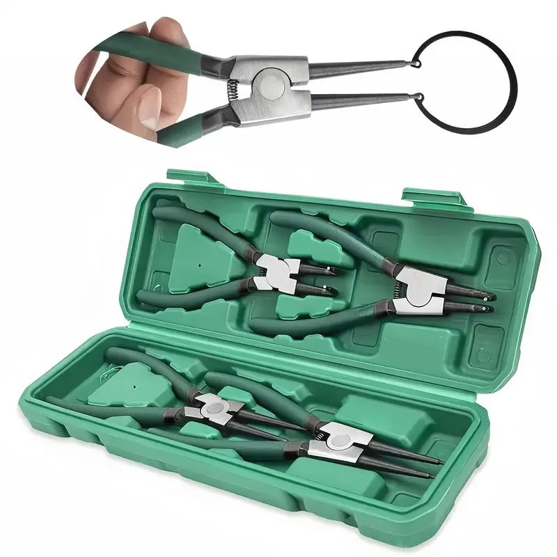 【Summer Survivals】4Pc Heavy-Duty Pliers Set - Internal & External, Bending & Straight Styles, Plastic Storage Box, Metal Construction Retaining Ring Circlip Snap Hardware Hand Tools, 803g