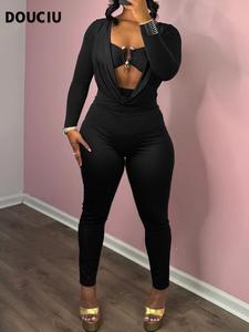 douciu autumn street personality basic solid color sports casual tight sexy hot women's thin  long sleeve hollow metal decoration jumpsuit trousers