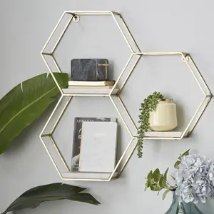 Geometric Metal Hexagon 3 Marble Shelves Room Wall Shelf with 3 Marble Shelves 26" x 5" x 24"