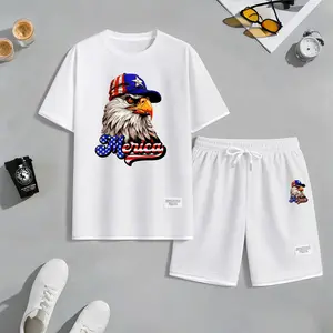 Men's American Eagle Print Drawstring Shorts Set For Spring/Summer. A Casual Summer Outfit, Including A Short-Sleeved Shirt And Shorts, Suitable For Everyday Wear And Sports. A Two-Piece Set For A Relaxed And Energetic Lifestyle.