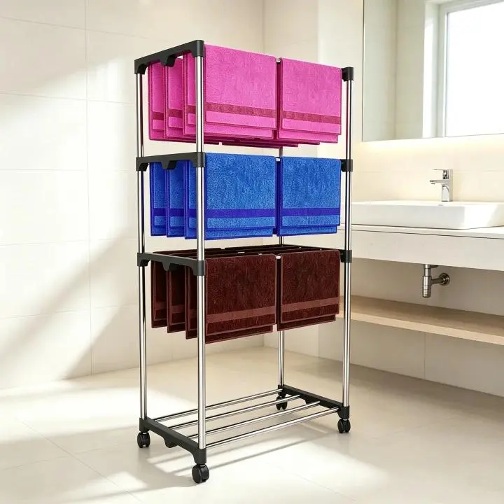 UDEAR 4-Tier Freestanding Towel Rack with Wheels, Stainless Steel Folding Clothes Rack, Towel and Bath Towel Rack