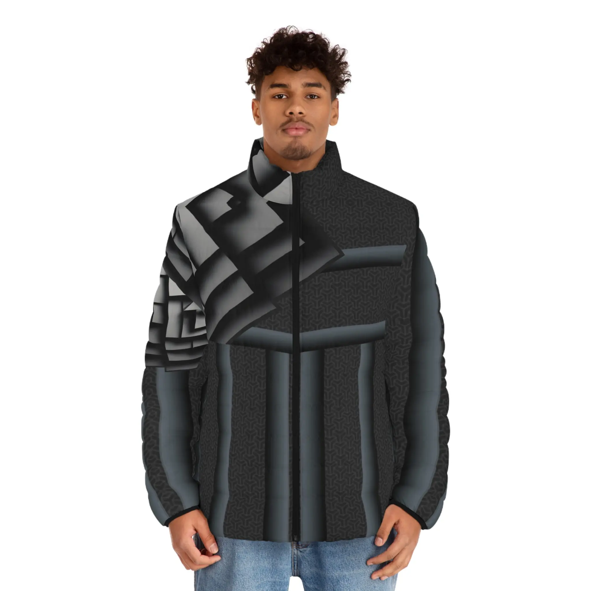 Gray cube.Stylish Men's Puffer Jacket, Abstract Art Jacket, Trendy Outerwear, Warm Winter Coat, Unique Fashion Hoodie
