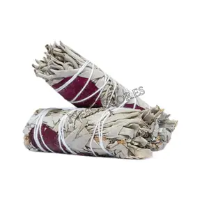 NessaStores- White Sage + Red Rose Petals Smudge Stick 4" Bundle (2 pcs) #JC-159