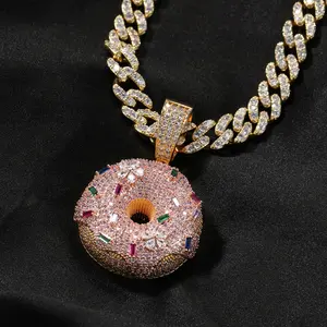 Iced Out foodinspired Donut 18KGold Plated Pendant Necklace Micro Pave CZ Jewelry Colorful Gem Flower Charm Hip Hop Bling Necklace Cuban Chain Streetwear Luxury Statement Pendant Cute Dessert Inspired Jewelry Gift for Her Couple Gift Birthday Jewelry