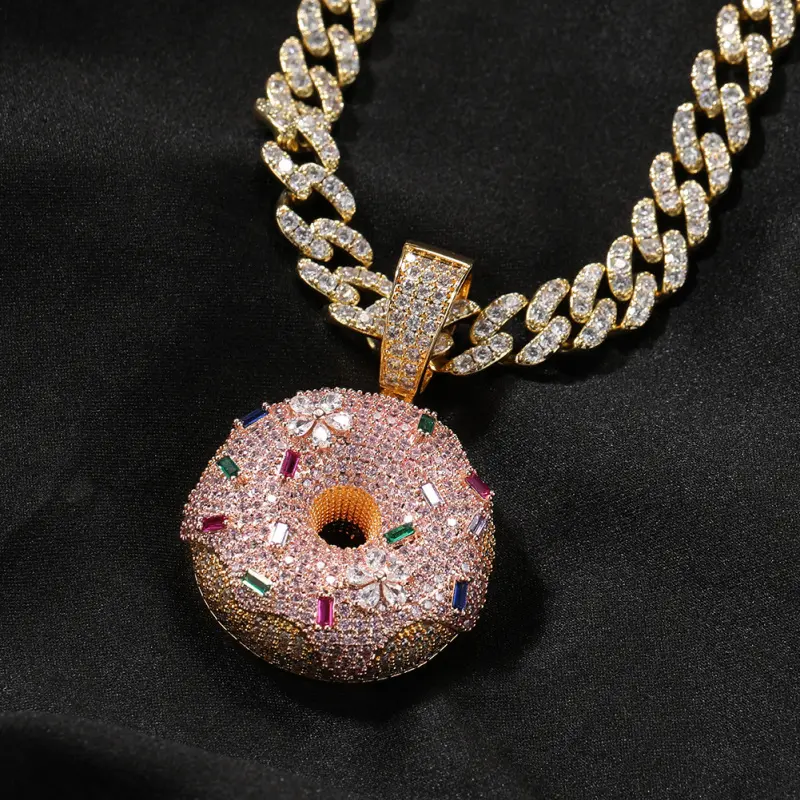 18K Gold Plated Iced Out Donut Pendant Necklace Micro Pave CZ Hip Hop Bling Jewelry Colorful Gem Flower Charm Cuban Chain Statement Gift for Her