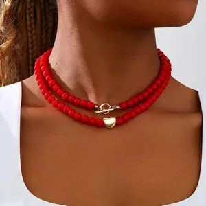 A fashionable and retro red glass necklace with an OT clasp and a heart-shaped pendant, stacked women's necklace as a Valentine's Day gift for Women