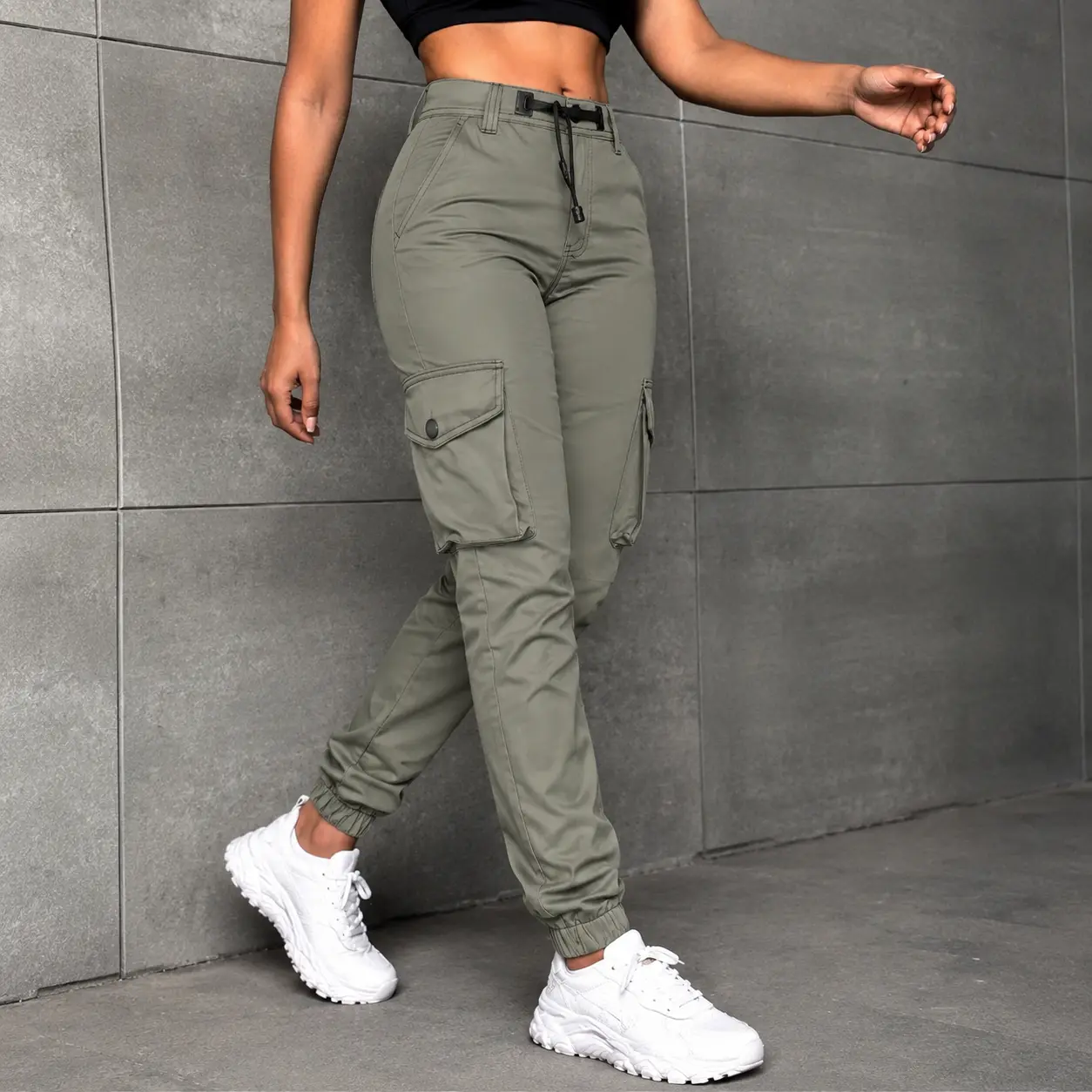 1 pack women’s high-waisted cargo jogger pants with drawstring, multi-pocket casual streetwear utility pants with elastic cuffs