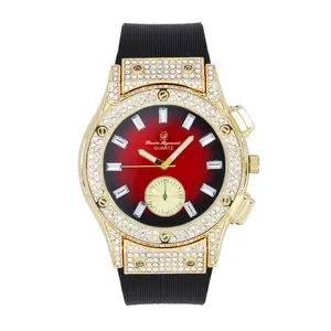 Unisex Iced Bling Rapper Simulated Diamond Black Silicone Band Luxury Fashion Hip Hop Watch Wristwatch Men Women