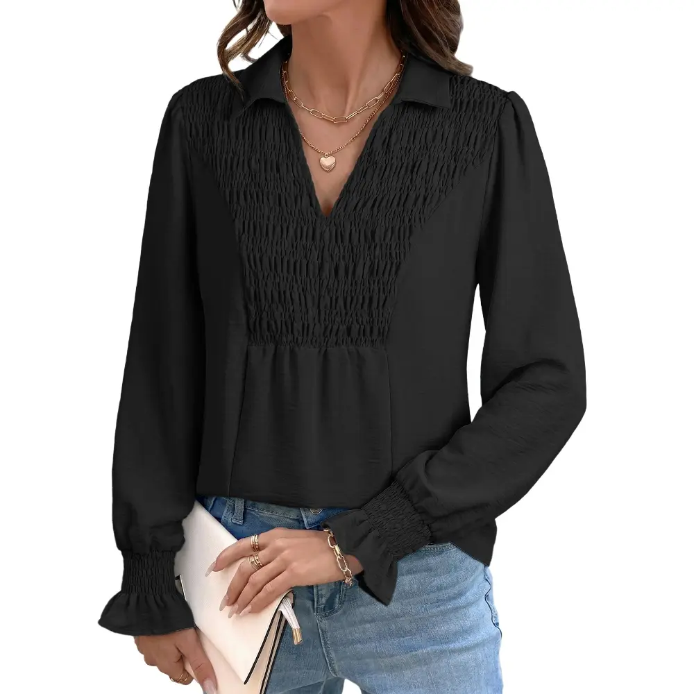 Dokotoo Womens Tops Fashion Shirred Shift Long Sleeve Casual Blouses V Neck T Shirts Casual Pullover