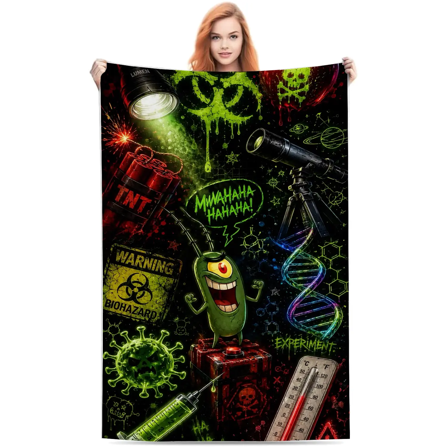 Dark graffiti style SpongeBob Plankton mad scientist experiment flannel blanket, biohazard warning TNT DNA cool print cozy throw blanket, trendy wall decor for gaming room bedroom, unique gift for SpongeBob anime fans soft comfy