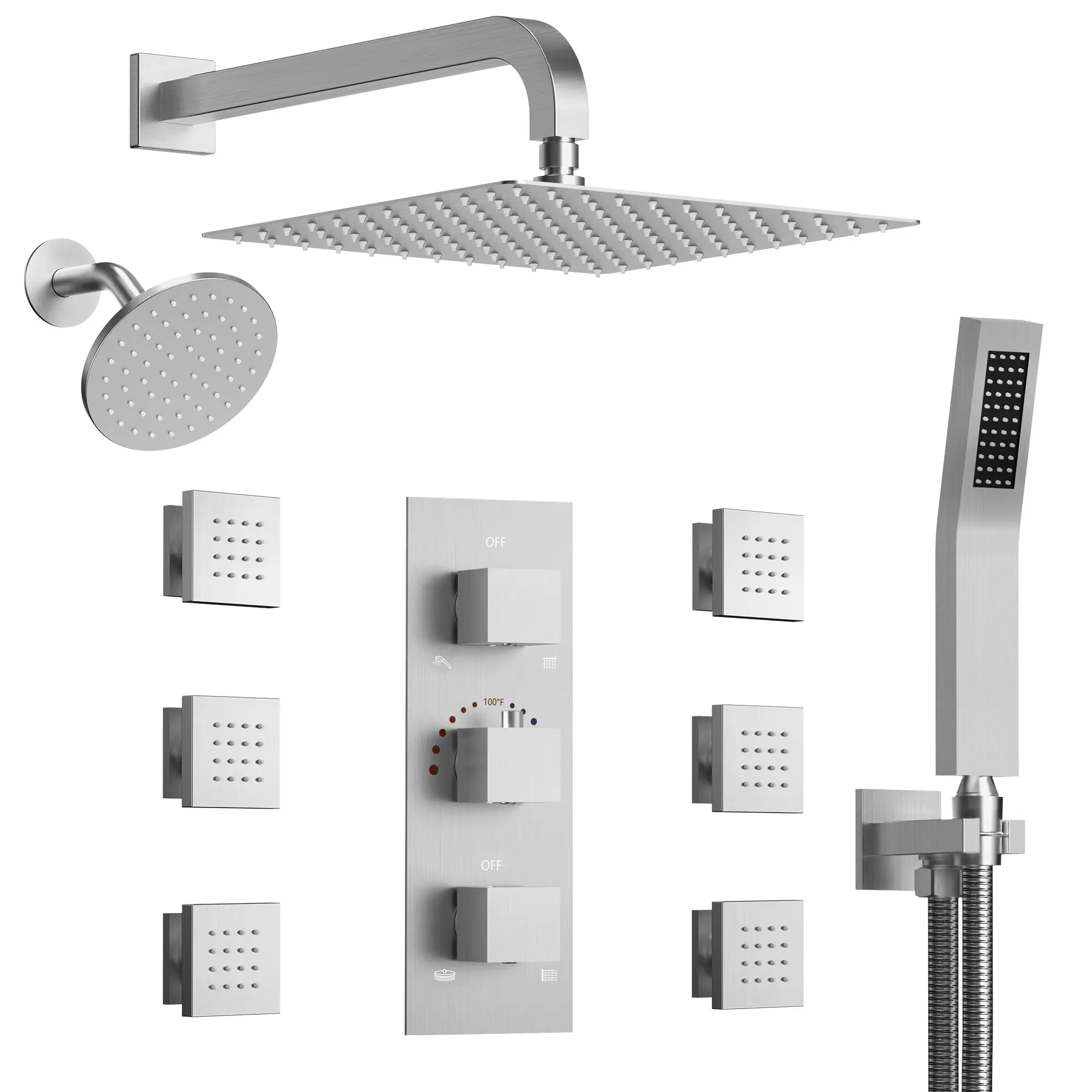 Dual Shower Head Thermostatic 3-Function Shower System with 6 Body Sprays, Brushed Nickel, 12" & 6" Rain Shower Head