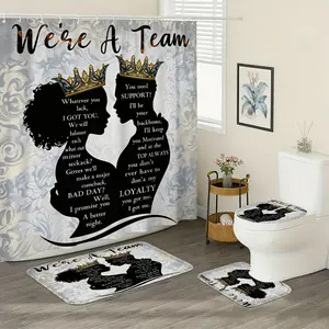4pcs Couple King Queen Theme Shower Curtain Set, Includes Plastic Hooks, Non-Slip Mat, Bathroom Home Decor Accessories