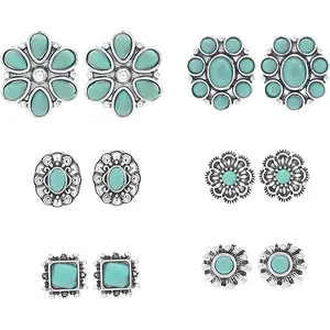 9-20 Pairs Turquoise Stud Earrings for Women Bohemian Western Gemstone Oval Round Flower Square Turquoise Earrings Statement Ethnic Boho Jewelry