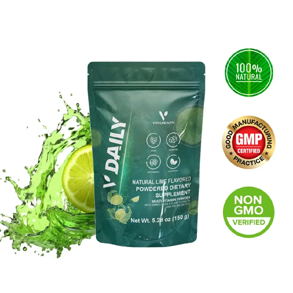 VitalHealth V-Daily Natural Lemon Flavor Optimum Multivitamin Supplement for Energy Immunity & Digestion Support 100% Natural GMP Certified Non-GMO Powdered Dietary Supplement Beverage Healthcare Fitness Edible