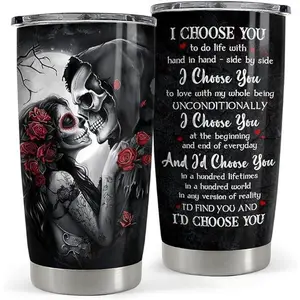 Gothic Romance Couple Gift - Grim Reaper & Sugar Skull Kiss - "I Choose You" 20oz Stainless Steel Tumbler for Valentine's Day Anniversary