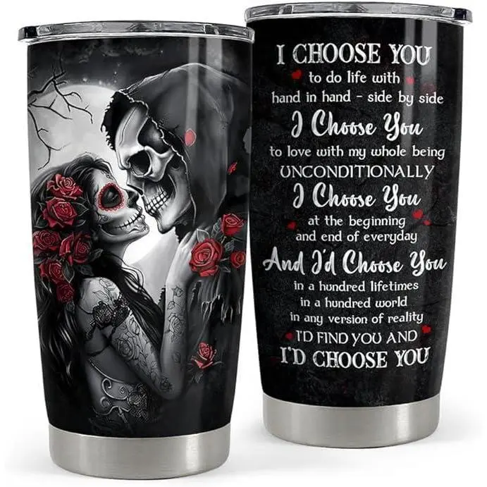 20oz Insulated Stainless Steel Flask - Anti-Scalding Portable Gothic Romance Couple Gift Mug with Grim Reaper & Sugar Skull Kiss "I Choose You" Watercolour Design Lid, for Valentine's Day, Birthdays, Flasks