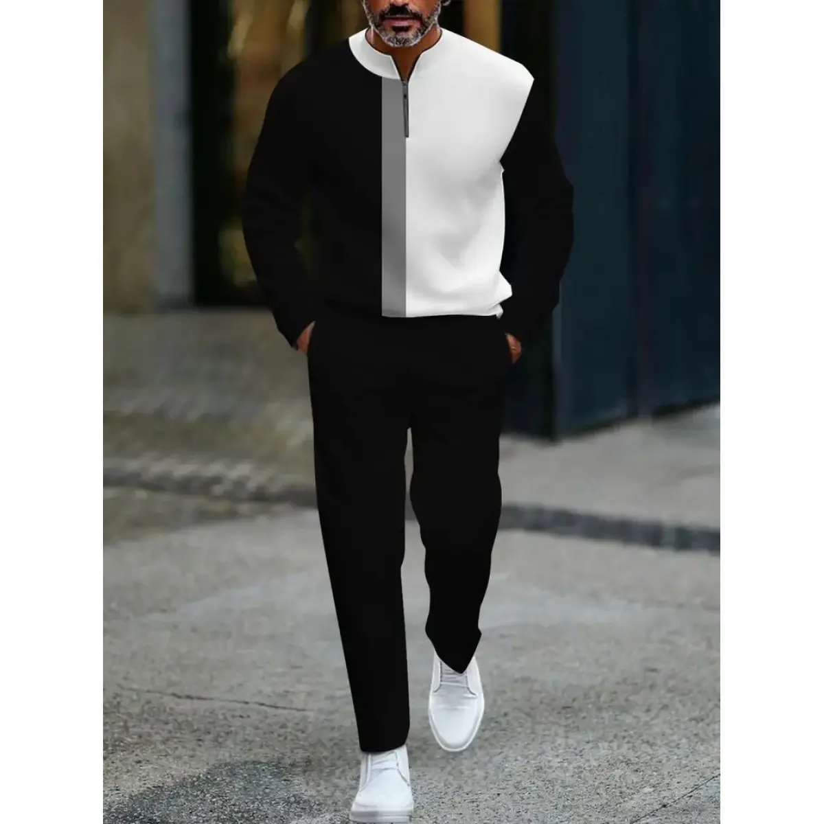 2-piece European and American men's black and white contrasting sports suit |   Half open collar |   Breathable and comfortable |   Suitable for daily&weekend casual street style