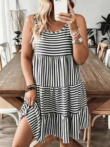 Plus Size Striped Print Sleeveless Dress, Round Neck, Tiered Ruffle Hem, Curvy Casual Summer Wear