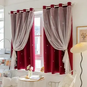 Star Hollow Out Dual-Layer Blackout, Kids Room Girls Bedroom Decor, Dustproof Sunscreen, Suitable for All Seasons, Home Decoration Curtain