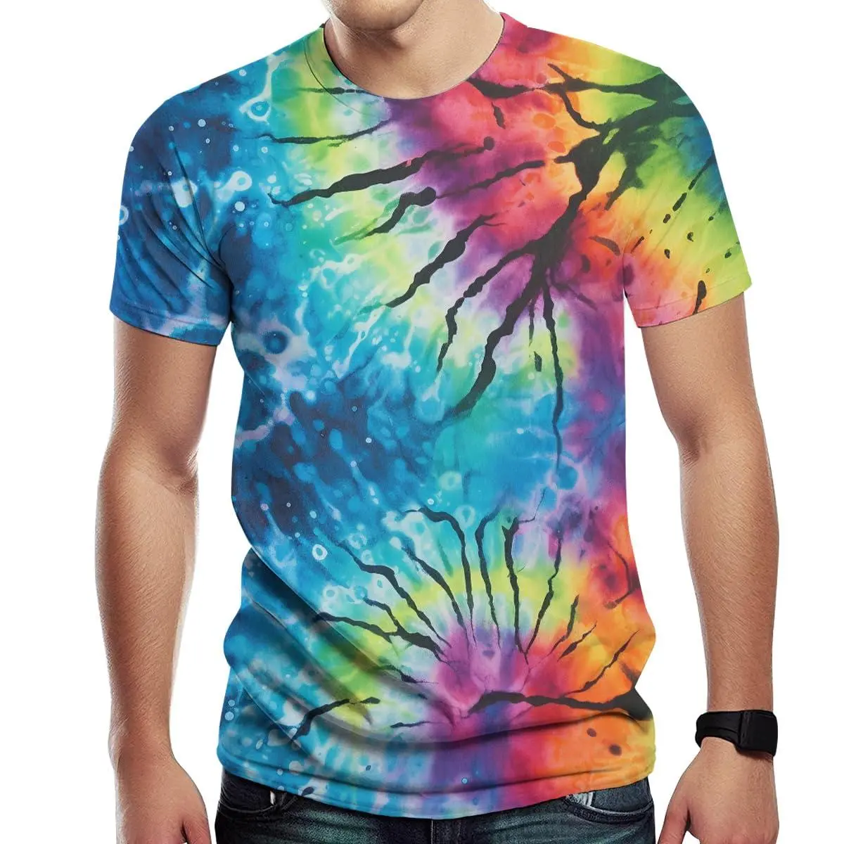 Women's Casual Shortsleeve T-shirt with a Vivid Tie-Dye Tree Graphic, Full Body Streetwear Top in Soft Fabric for Festivals, Breathable, Relaxed Cut, Lady, Rainbow Tie-Dye, Round Neck, Clothes, All Over Print, Tee
