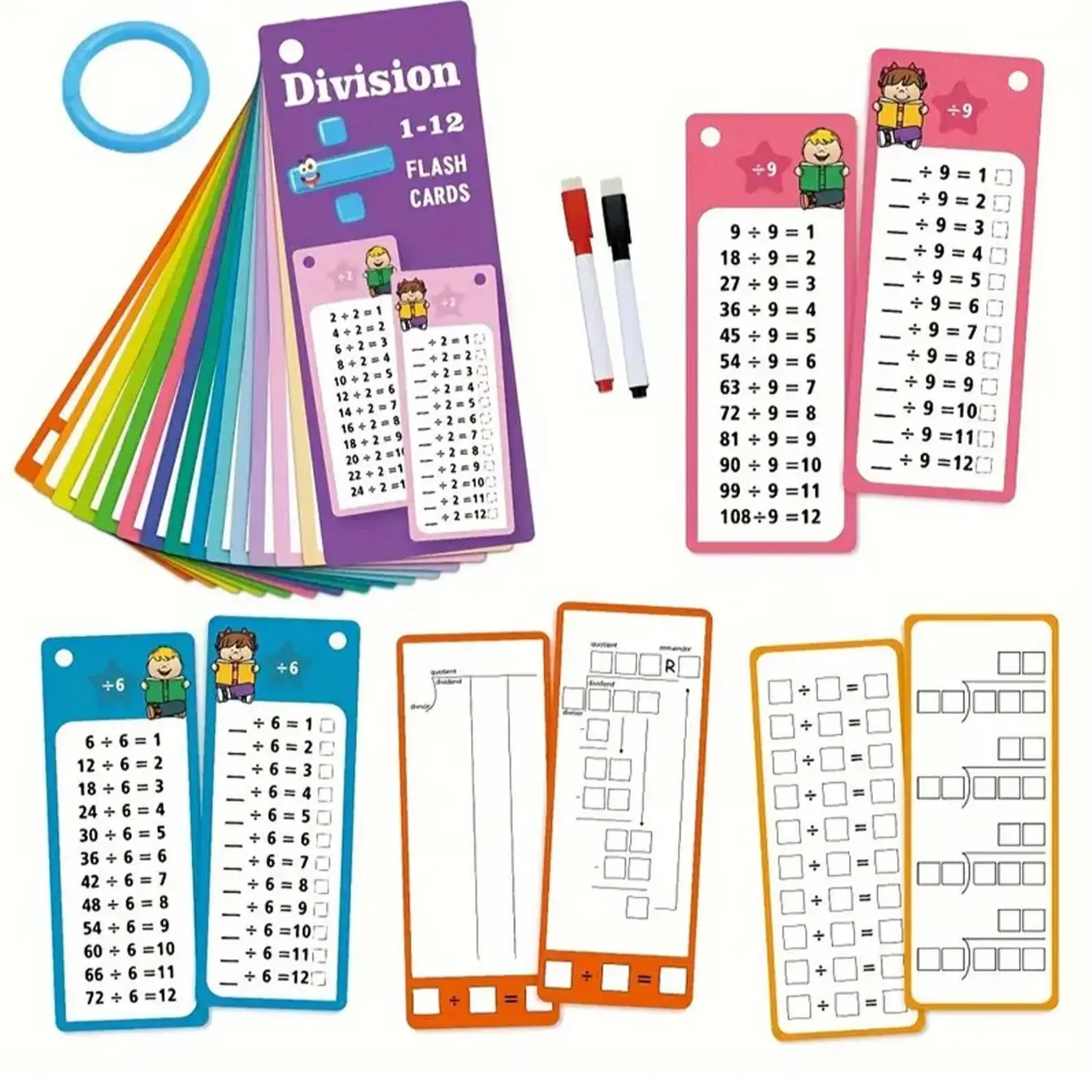Reusable Math Practice Flashcards with Dry Erase Markers, Includes Addition Subtraction Multiplication Division Cards for Office Use, Math Learning Tools, Learning Materials, School Supplies
